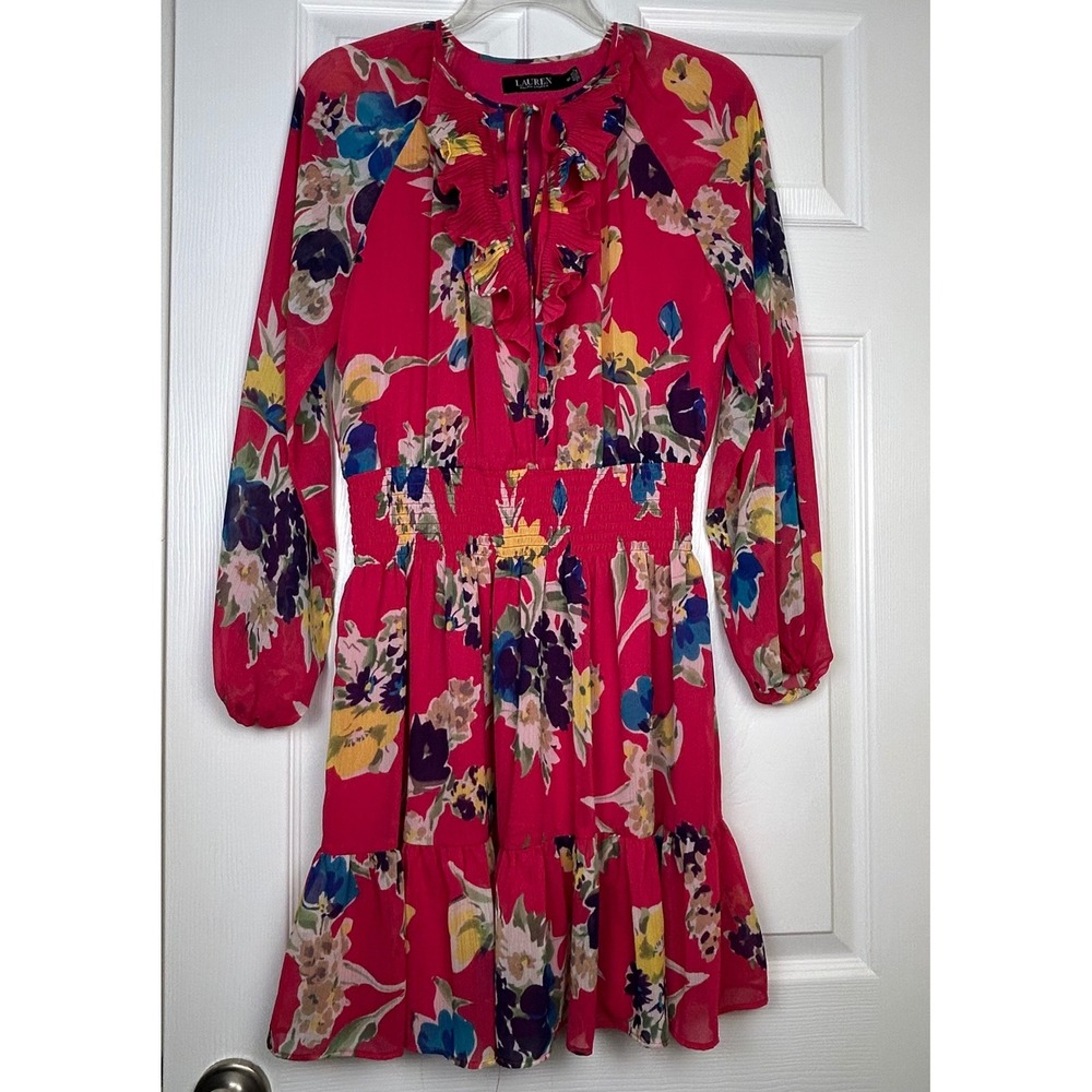 Lauren Ralph Lauren 8P Red Floral Ruffle Tie-Neck Dress‎ – Smocked Waist